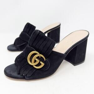 Gucci GG Marmont Black Suede Fringe Mules Sandals Size 37